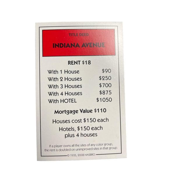 Monopoly Here Now Indiana Ave Property Title Deed Card Replacement 2008 u - Picture 1 of 5